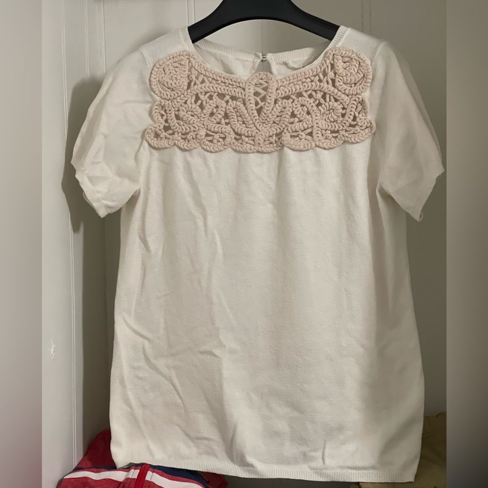 Knitted & Knotted Ivory Top w/ Crochet Lace Yoke - Size Medium